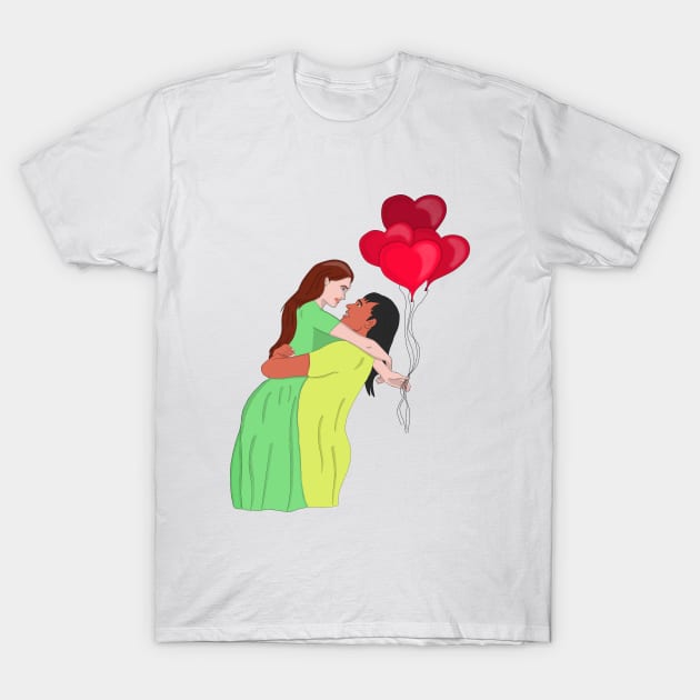 Women Couple Hugging While Holding Heart Shaped Balloons T-Shirt by DiegoCarvalho